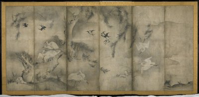 Willow, Egrets in Plum and Willow, Six-panel folding screen by Sesson Shkei